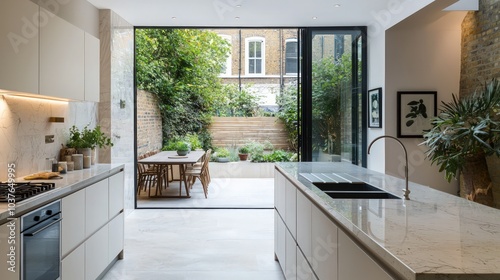 A breathtaking view unfolds from within a light-filled side return extension, 