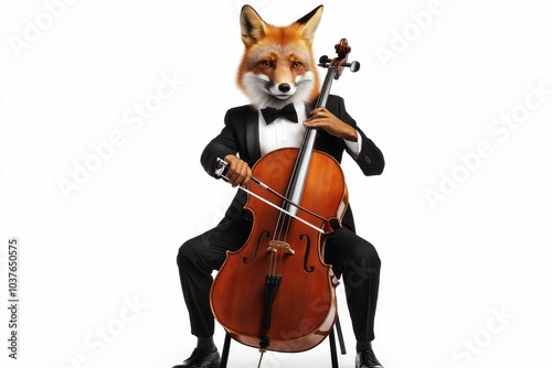 Elegant fox in tuxedo masterfully playing cello, minimalist style on white background isolated