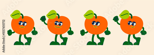 Fruit cartoon characters from the 90s. Trandy poster. funny colorful characters in doodle style orange, mandarin with gloved hands. Vector groovy illustration with typography