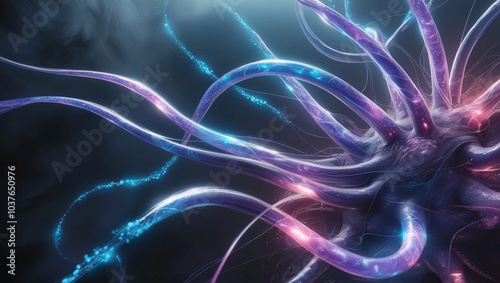   Digital Neural Network with Abstract Connections and Glowing Data Streams in Blue and Purple