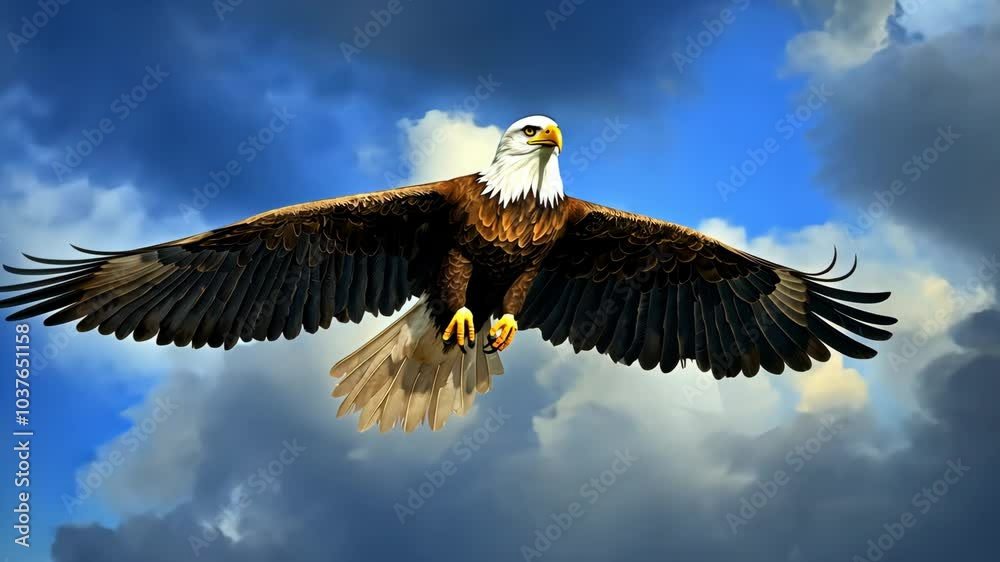 An eagle soars through the sky, its wings spread wide against the blue canvas of a cloudy afternoon An eagle soars through the sky, its wings spread wide against the blue canvas of a cloudy afternoon