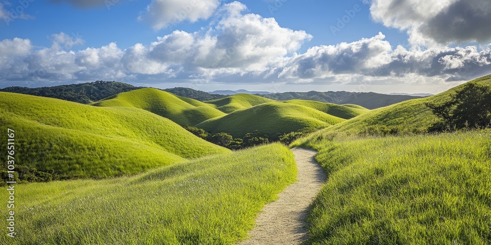 A beautiful summer scene with lush green hills and a path winding through them. A beautiful summer scene with lush green hills and a path winding through them.