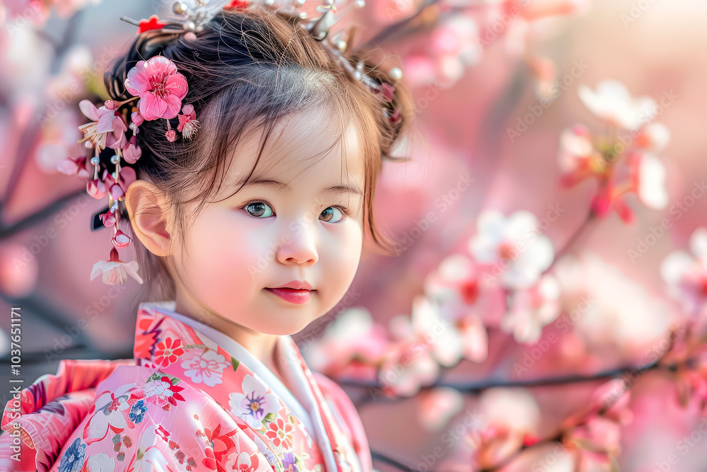 Little girl wearing a pink kimono stands in front of a tree with pink blossoms. She has her hair in a flowery braid and is smiling at the camera. The scene is set in a garden or park Little girl wearing a pink kimono stands in front of a tree with pink blossoms. She has her hair in a flowery braid and is smiling at the camera. The scene is set in a garden or park
