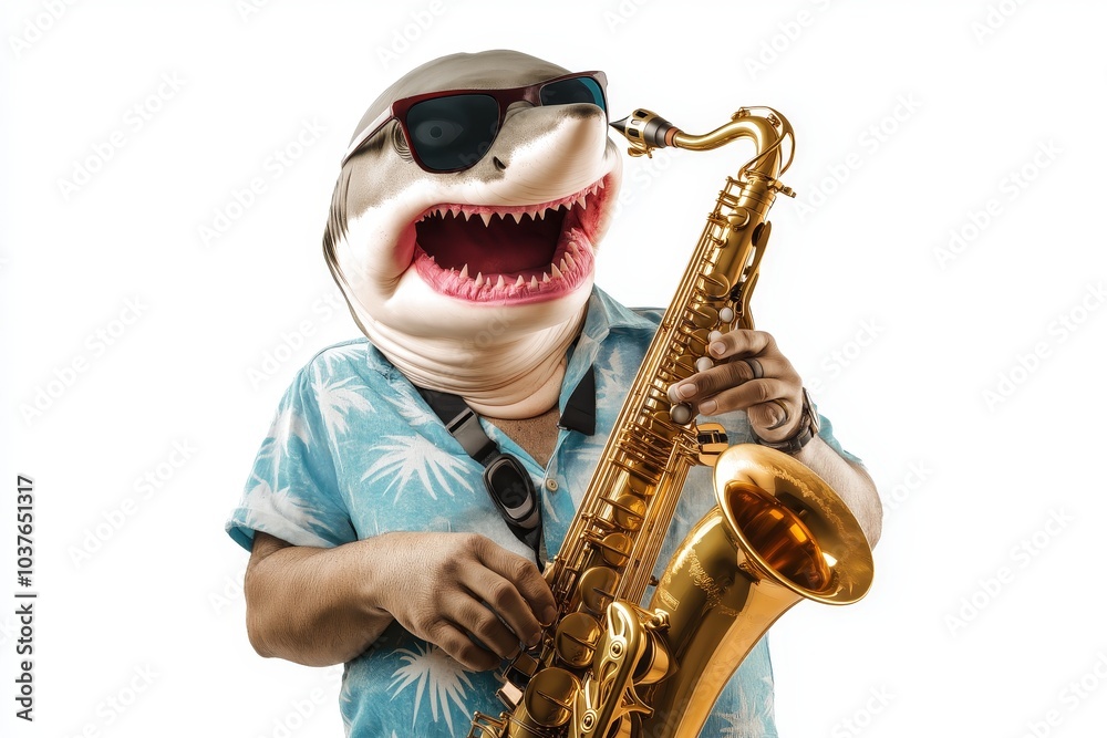 Fototapeta premium Cool man-shark in sunglasses and beach shirt playing saxophone against a simple white background isolated