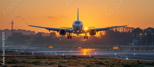 Airplane landing on runway at sunrise.