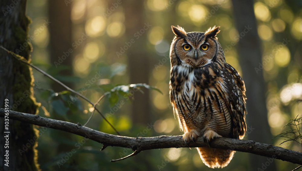 Close-up of an owl perched on a branch, with soft sunlight filtering through the forest canopy. Close-up of an owl perched on a branch, with soft sunlight filtering through the forest canopy.
