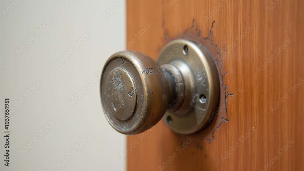 Obraz premium Close-Up of a Worn Door Handle on Wooden Surface