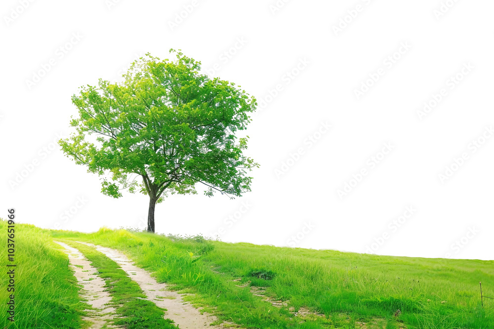 Fototapeta premium A tree stands in a grassy field with a dirt road leading to it
