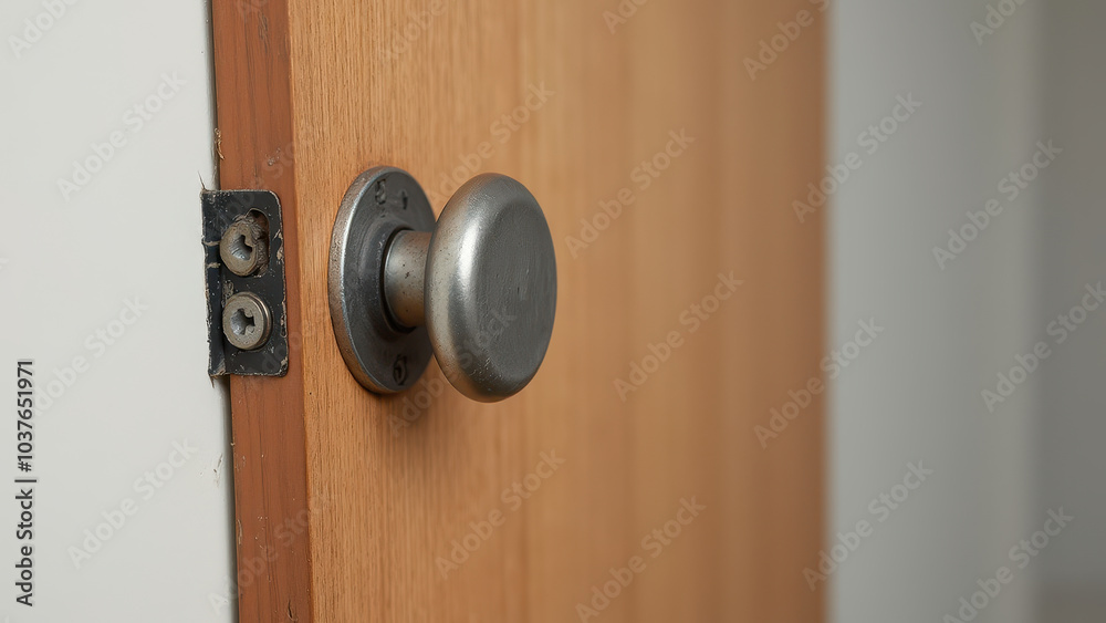 Simple Door Handle on Wooden Door Close-Up Simple Door Handle on Wooden Door Close-Up