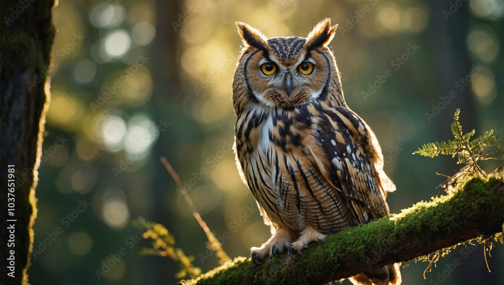 Close-up of an owl perched on a branch, with soft sunlight filtering through the forest canopy. Close-up of an owl perched on a branch, with soft sunlight filtering through the forest canopy.