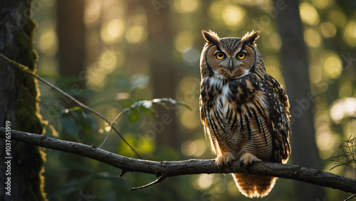 Close-up of an owl perched on a branch, with soft sunlight filtering through the forest canopy.