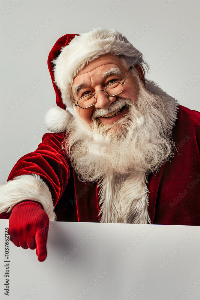 Naklejka premium Santa claus pointing finger on empty space. Christmas advertising. Winter christmas background. High quality photo