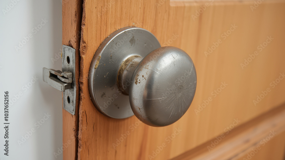 Close-Up of Plain Door Handle on Wooden Door Close-Up of Plain Door Handle on Wooden Door