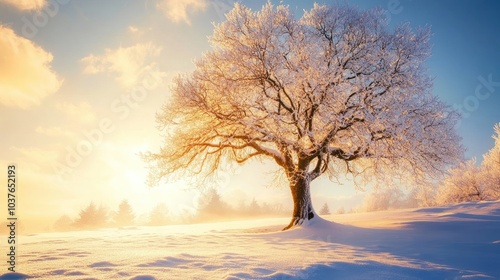 A lone tree covered in snow stands tall against a backdrop of a vibrant sunrise, casting a warm glow over the snowy landscape.