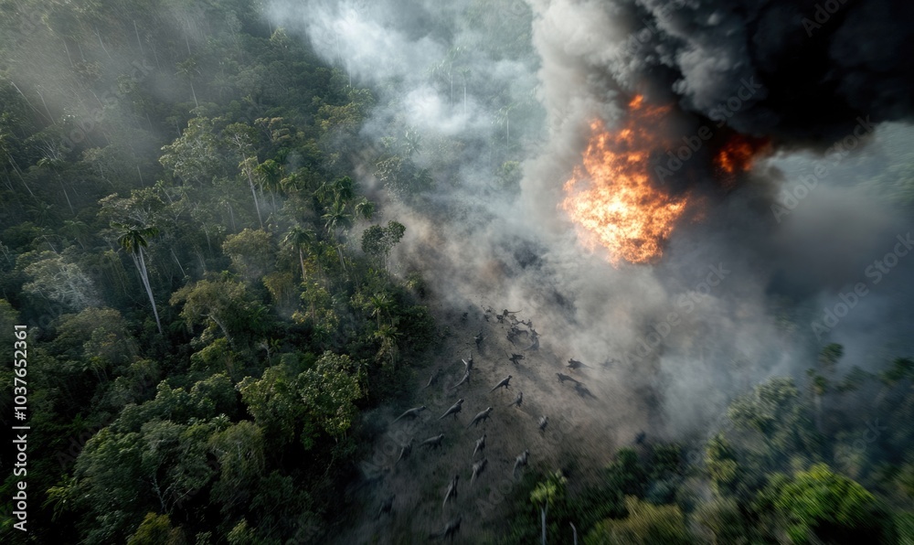 Extinction event: the dramatic fall of an asteroid and its fragments, capturing the moment of impact as dinosaurs face the catastrophic force that forever changes the course of Earth's history. Extinction event: the dramatic fall of an asteroid and its fragments, capturing the moment of impact as dinosaurs face the catastrophic force that forever changes the course of Earth's history.