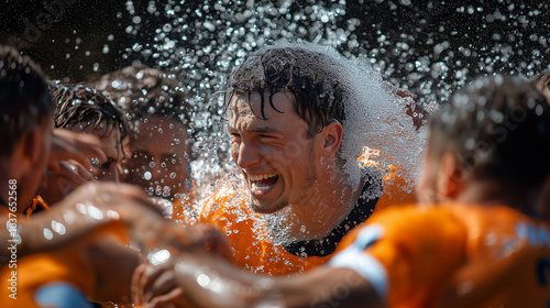 A coach being doused with Gatorade by his players after a victory