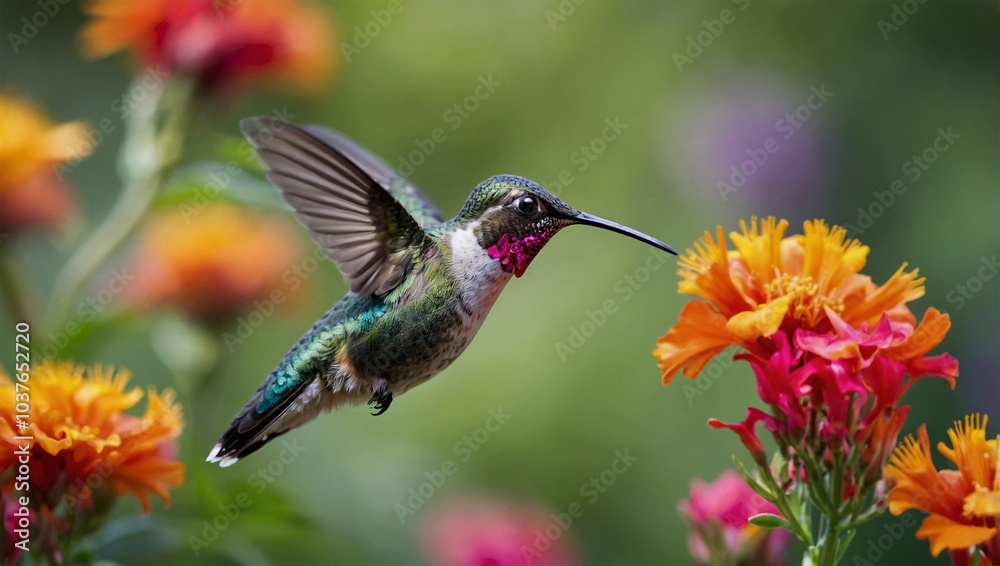 Fototapeta premium Hummingbird mid-flight, sipping nectar from a vibrant flower, with a blurred garden background.