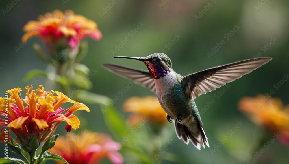 Fototapeta premium Hummingbird mid-flight, sipping nectar from a vibrant flower, with a blurred garden background.