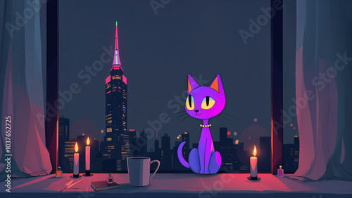 Pampered purple Abyssinian cat wearing pearl necklace and sitting near apartment window with city skyline view at night with candlelight ambiance photo