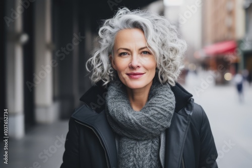 Portrait of mature woman in coat and scarf on the city street