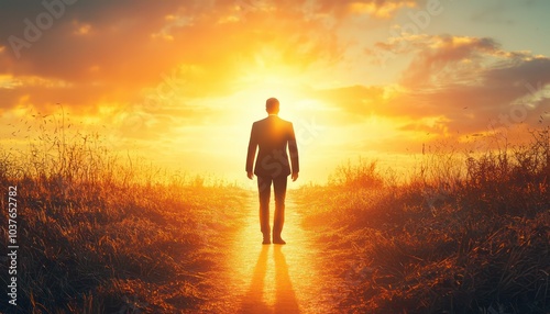 A businessman visualizes his journey to success as he walks a path illuminated by sunlight, metaphorically highlighting the road to his goals. photo