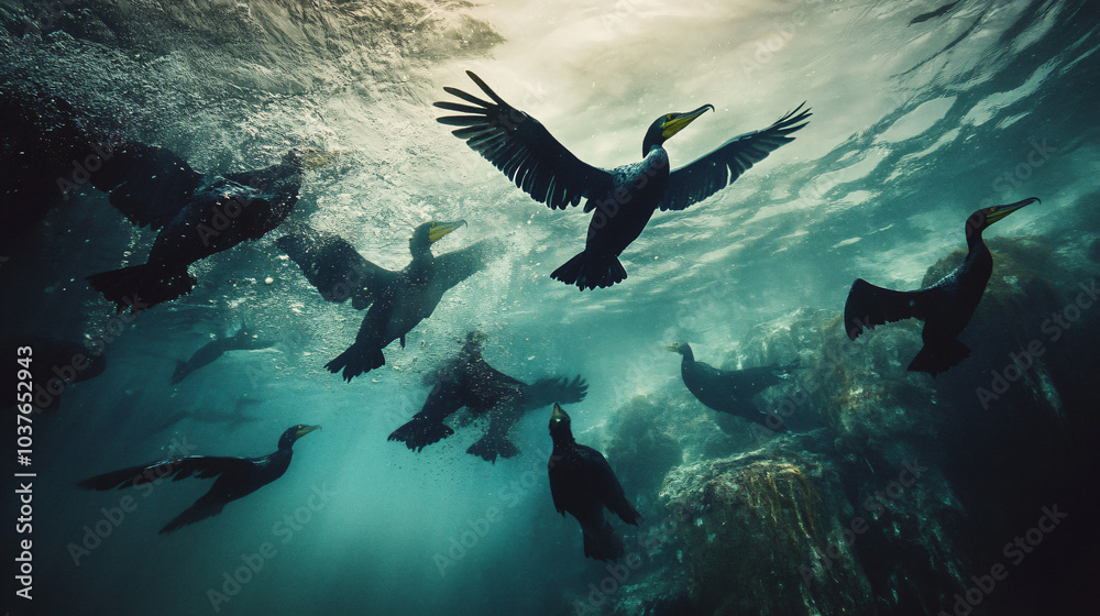 Fototapeta premium A flock of cormorants diving for fish