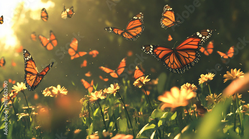 A flock of butterflies fluttering in a garden photo