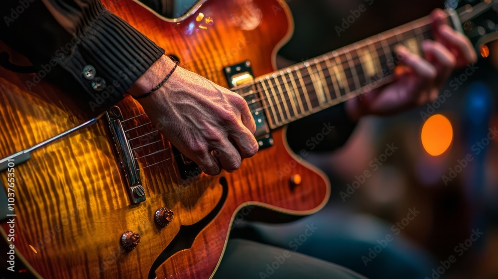 Fototapeta premium blurry background close-up of a guitarist's hands playing at a jazz event.