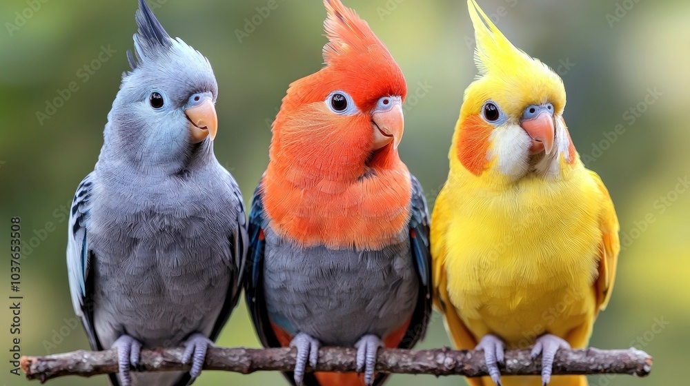Fototapeta premium Three colorful parrots perched on a branch, looking at the camera.