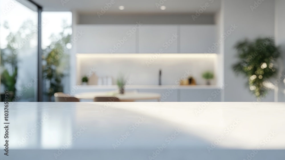 3D rendering of an empty copy space on a luxurious white kitchen countertop featuring a blurred backdrop of a contemporary white kitchen design including a kitchen island and counter 3D rendering of an empty copy space on a luxurious white kitchen countertop featuring a blurred backdrop of a contemporary white kitchen design including a kitchen island and counter