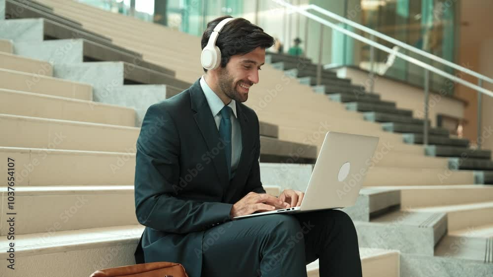 Confident smart business man celebrate successful business idea while listen music. Happy manager project working by using laptop while wearing headphone and suit. Investor sitting at stair. Exultant. Confident smart business man celebrate successful business idea while listen music. Happy manager project working by using laptop while wearing headphone and suit. Investor sitting at stair. Exultant.