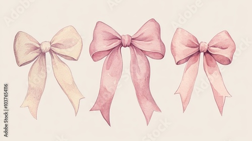 Cute coquette pink ribbon bows banner in a preppy aesthetic vintage watercolor illustration collection