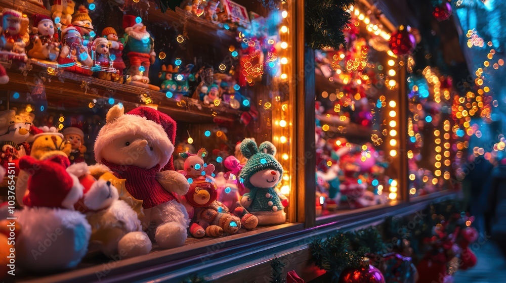 Naklejka premium A festive shop scene with plush toys illuminated by vibrant lights, inviting a joyful holiday mood.