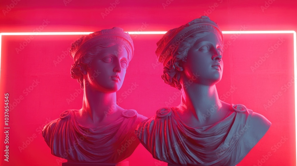 Greek busts illuminated by red neon light featuring sketches and geometric figures on a pastel background creating negative space for text Aesthetic fashion style and surreal inspiration concept Greek busts illuminated by red neon light featuring sketches and geometric figures on a pastel background creating negative space for text Aesthetic fashion style and surreal inspiration concept
