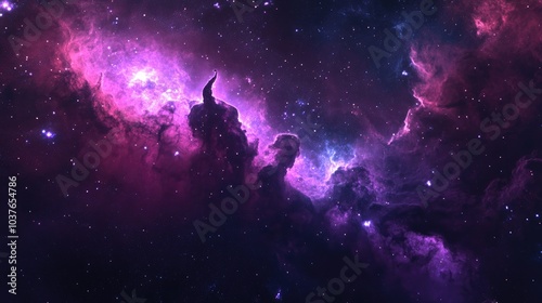 3D rendering of a colorful red violet nebula in outer space featuring the horsehead nebula and an unusual nebula in a distant galaxy