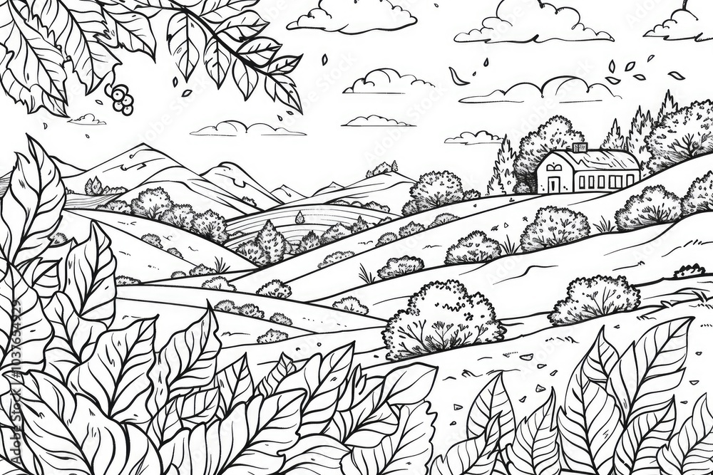 Fototapeta premium Coloring book illustration of vibrant autumn foliage in a rural landscape