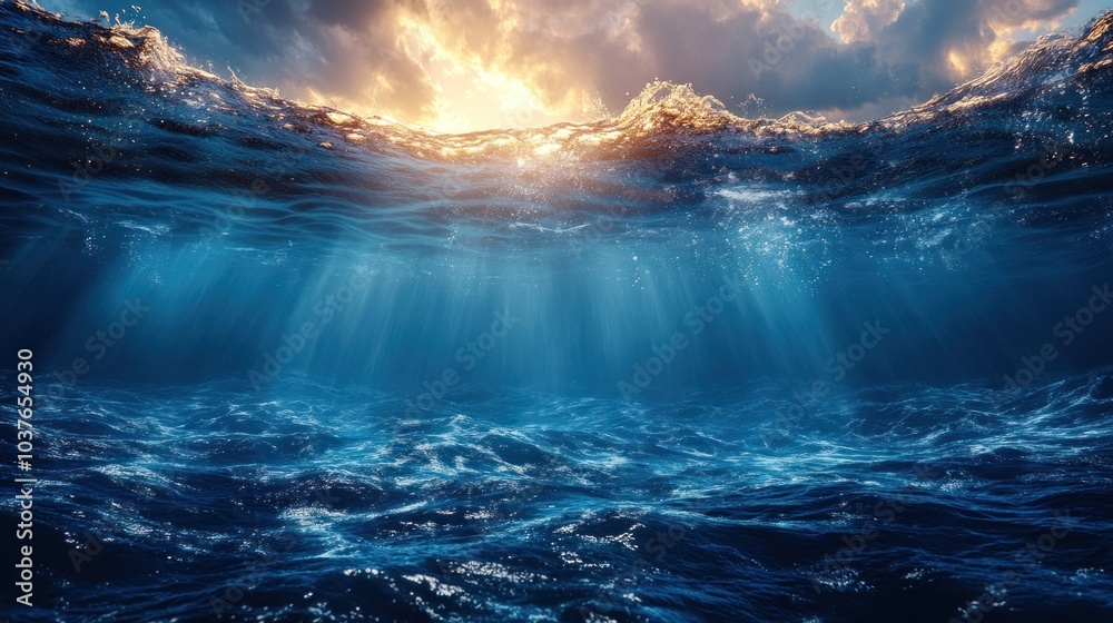 Naklejka premium The dark blue sea surface seen from underwater