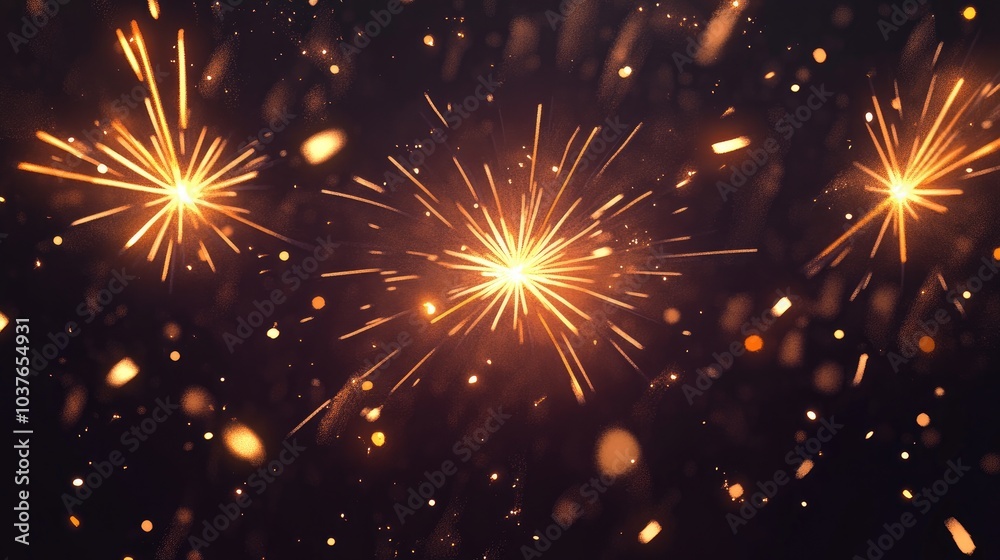 Naklejka premium Golden fireworks and bursting rockets illuminate a dark sky in this vibrant 2D cartoon illustration showcasing sparkling sparklers and a festive atmosphere for celebrations