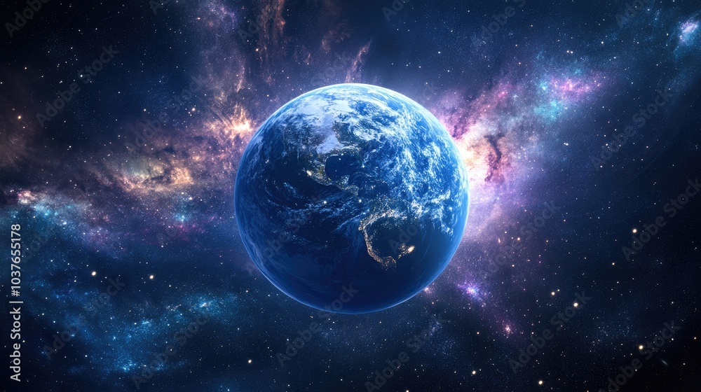 Blue planet and galaxy in a 3D cartoon rendering Blue planet and galaxy in a 3D cartoon rendering