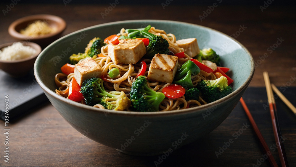Stir-fried noodles with mixed vegetables and tofu, served in a simple bowl with chopsticks on the side. Stir-fried noodles with mixed vegetables and tofu, served in a simple bowl with chopsticks on the side.