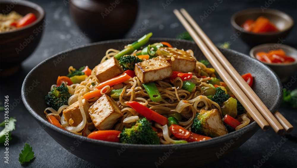 Stir-fried noodles with mixed vegetables and tofu, served in a simple bowl with chopsticks on the side. Stir-fried noodles with mixed vegetables and tofu, served in a simple bowl with chopsticks on the side.