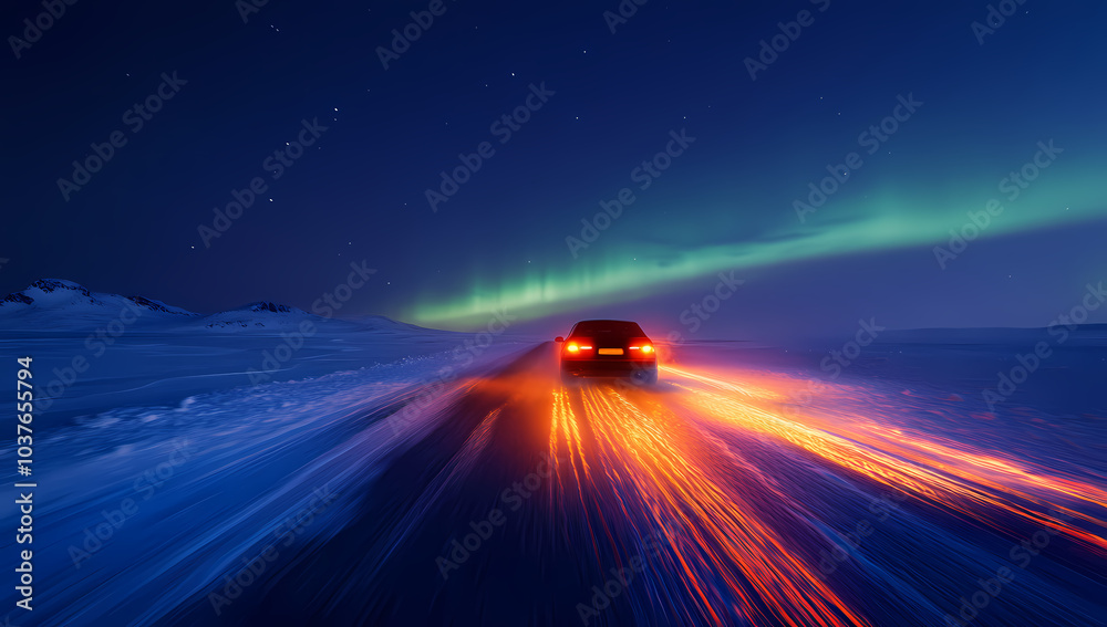Chasing the Aurora: A lone car speeds down a snow-covered road, its taillights streaking across the asphalt as the vibrant green aurora borealis dances across the night sky. Chasing the Aurora: A lone car speeds down a snow-covered road, its taillights streaking across the asphalt as the vibrant green aurora borealis dances across the night sky.
