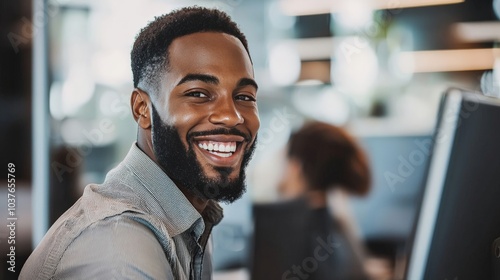 A customer service worker smiling politely while dealing with a difficult customer, managing their emotions professionally