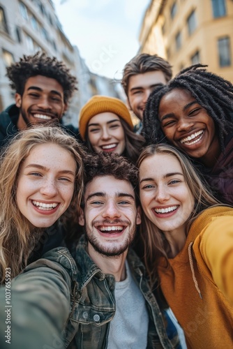 A group portrait of young, joyful friends taking a selfie, capturing a moment of happiness and togetherness during their travels.