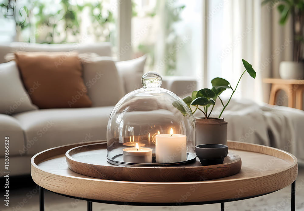 Cozy Living Room Ambiance: Candles under glass dome on wooden tray, beside a houseplant, on a coffee table in a modern living room. Relaxing atmosphere Cozy Living Room Ambiance: Candles under glass dome on wooden tray, beside a houseplant, on a coffee table in a modern living room. Relaxing atmosphere