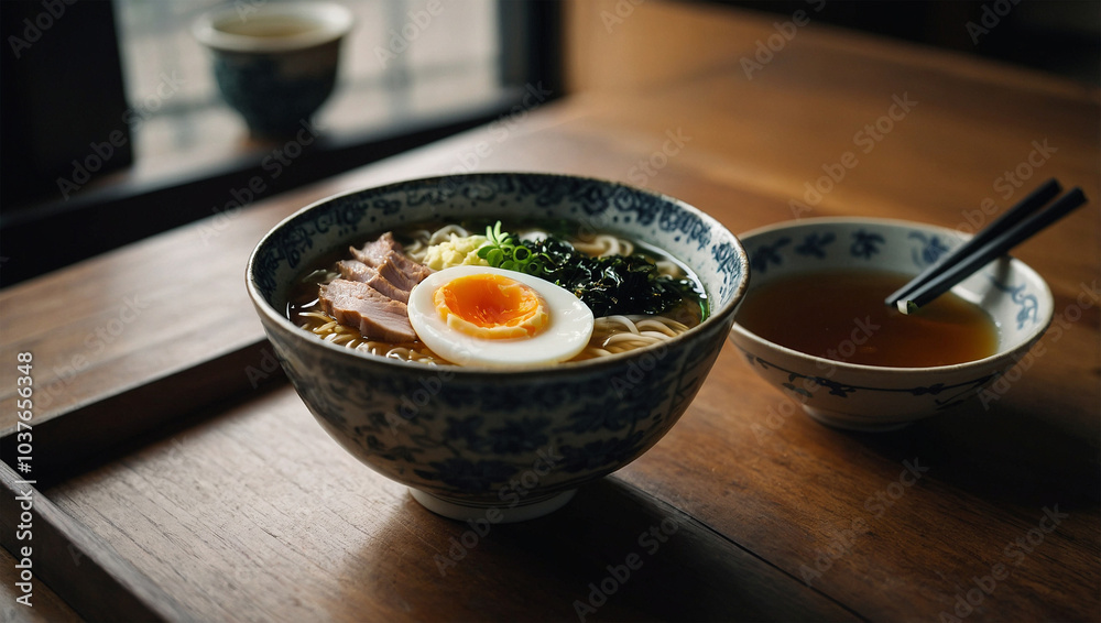 Traditional Japanese ramen with sliced pork, seaweed, and a boiled egg, placed in a ceramic bowl with broth. Traditional Japanese ramen with sliced pork, seaweed, and a boiled egg, placed in a ceramic bowl with broth.