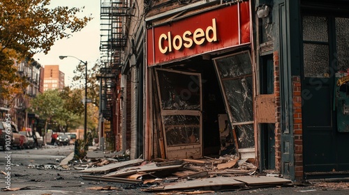 A damaged storefront with a 