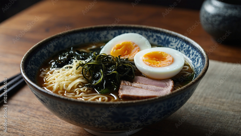 Traditional Japanese ramen with sliced pork, seaweed, and a boiled egg, placed in a ceramic bowl with broth. Traditional Japanese ramen with sliced pork, seaweed, and a boiled egg, placed in a ceramic bowl with broth.