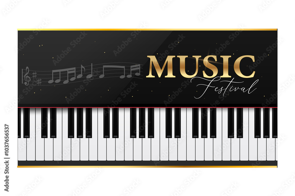 Fototapeta premium Concept of music festival poster design with piano keyboard, lettering in golden and black colors. 