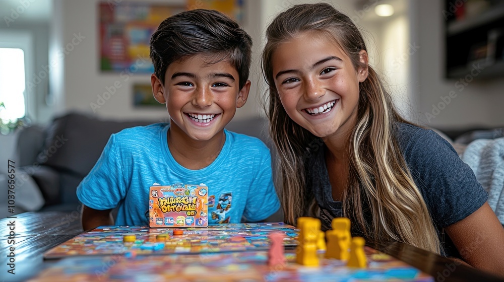 Fototapeta premium Two happy children playing a board game together at home.